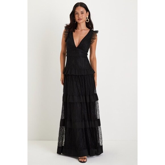 Lulus Marvelous Darling Black Lace Ruffled Tiered Maxi Dress - Size M - Picture 1 of 3